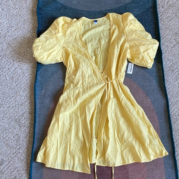 Old Navy Linen Waist Define Puff Sleeve Wrap Dress Morning Sun - Picture 13 of 15